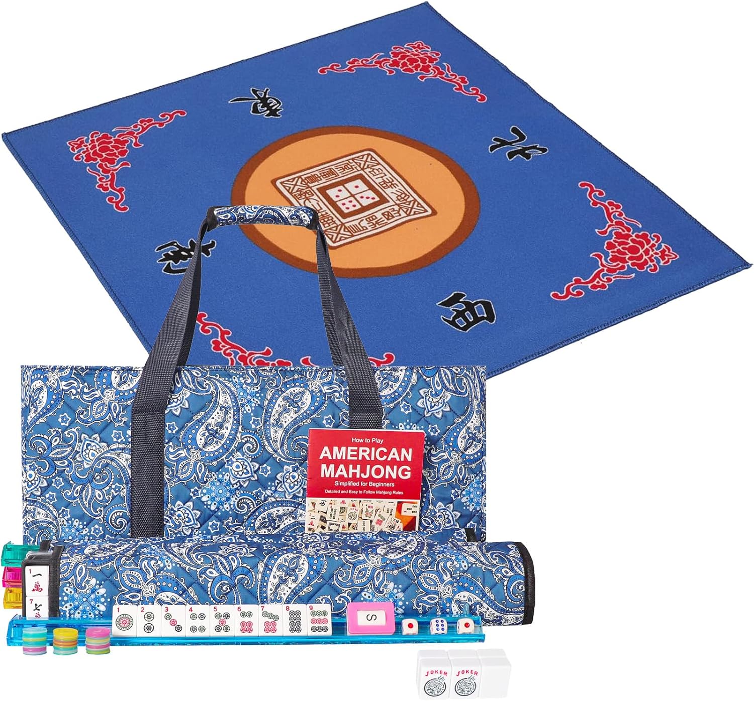 American Mahjong Game Set, 166 Quality White Tiles, 4 All-in-One Color Rack/Pushers, Mahongg Tile Set with Blue Carrying Bag,Mahjong Mat with 3 Dice & Carrying Bag,Mahjong Table Mat(Blue, 31.5 inches)