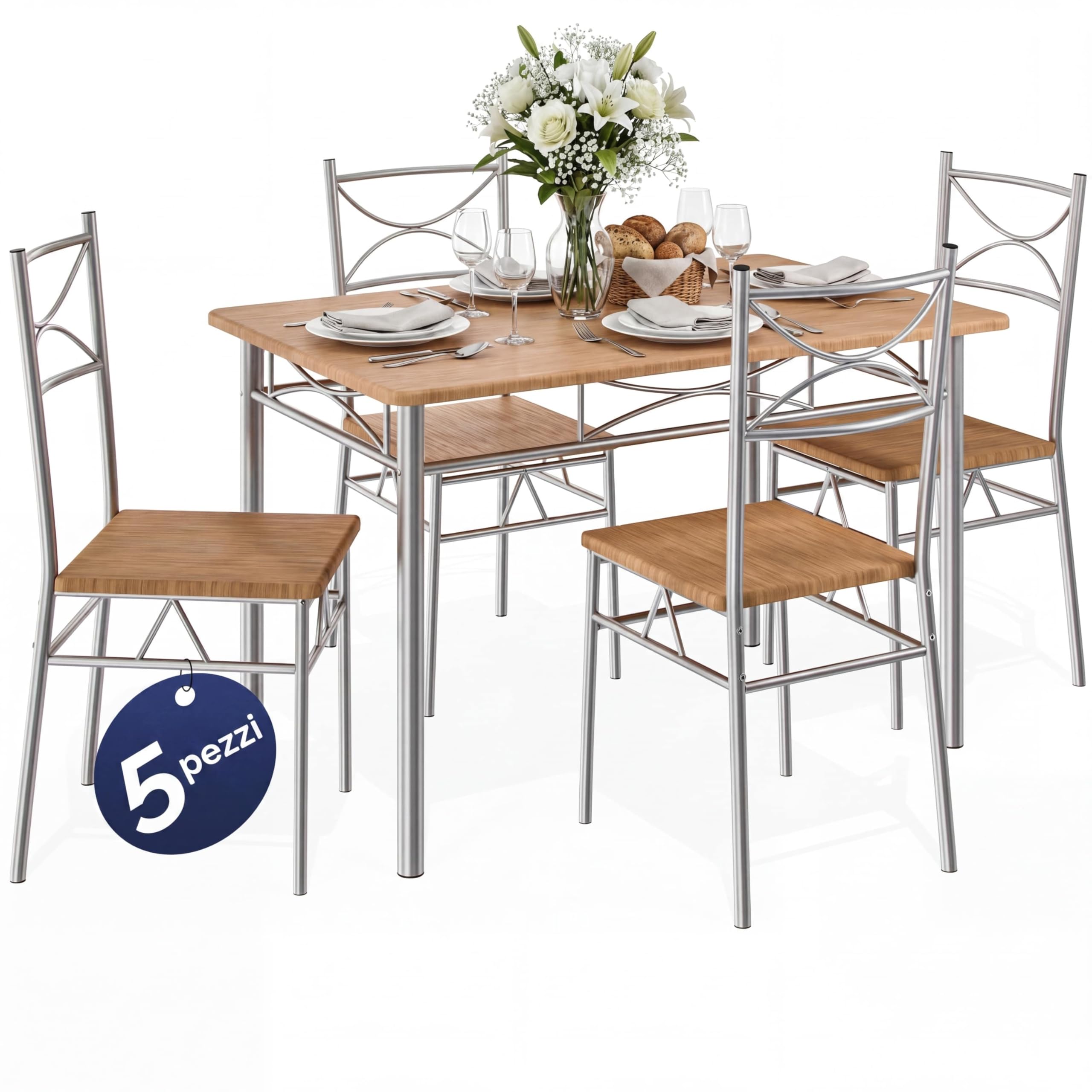 Casaria® Gruppo di Sedute Paul Set 5 Pezzi Tavolo da Pranzo con 4 Sedie Set di Mobili per Sala Cucina Soggiorno Salotto Set da Pranzo Tavoli Sedia