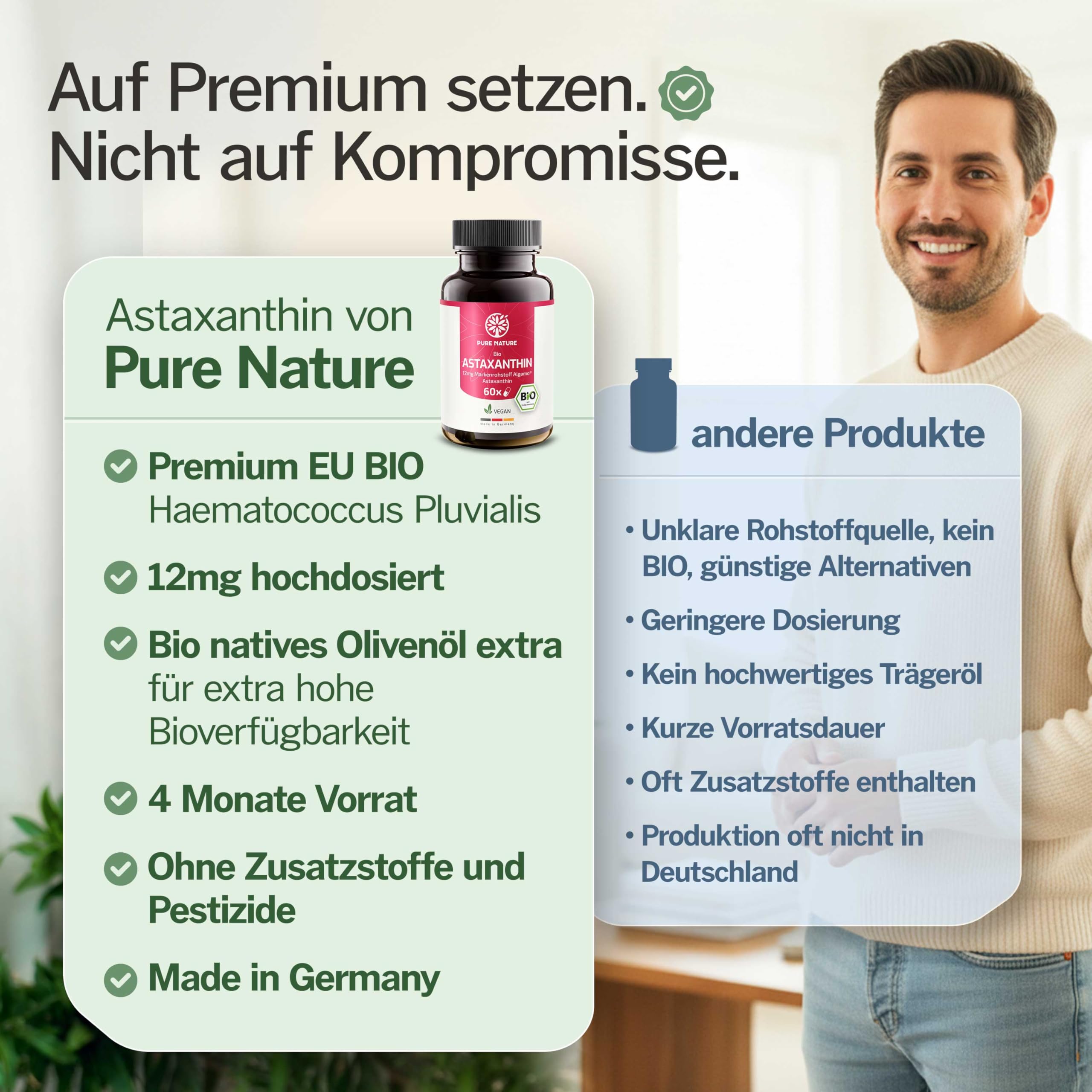 Pure Nature Astaxanthin hochdosiert BIO 12mg - 60 vegane Kapseln EU-BIO zertifiziert & laborgeprüft - Premium Rohstoff - mit Bio-Olivenöl – Astaxanthin hochdosiert - Astaxantin
