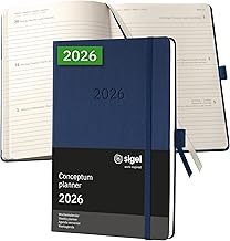 SIGEL C2662 Wochenplaner Wochenkalender 2026, ca. A5, dunkelblau, Hardcover, 192 Seiten, Gummiband, Stiftschlaufe, Archivtasche, aus nachhaltigem Papier, Kalenderbuch Conceptum