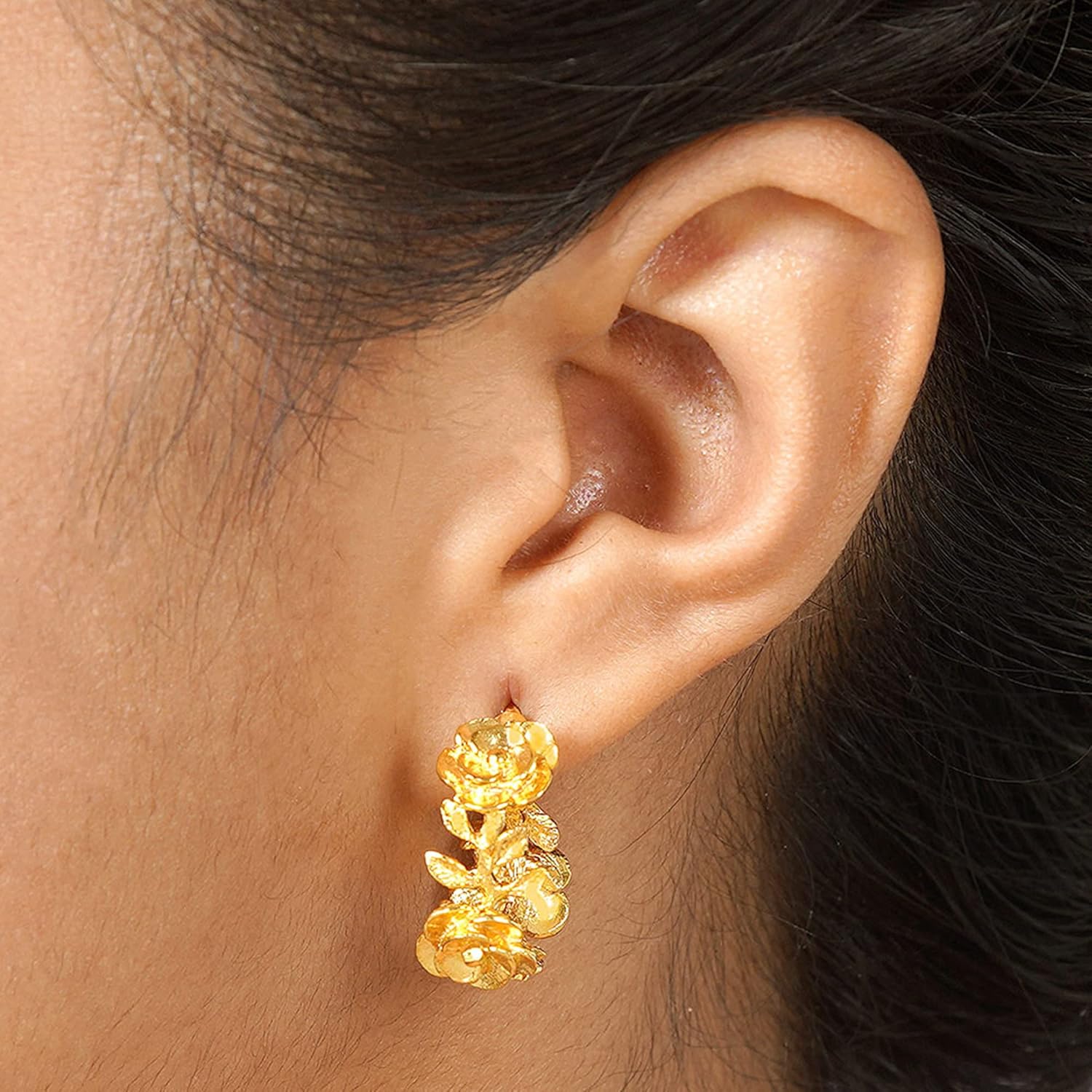 NOVICA Handmade .925 Sterling Silver 22k Gold Plated Halfhoop Earrings with Floral Details Indonesia [0.9 in L x 0.4 in W x 0.7 in D] 'Aura of The Golden Flower'