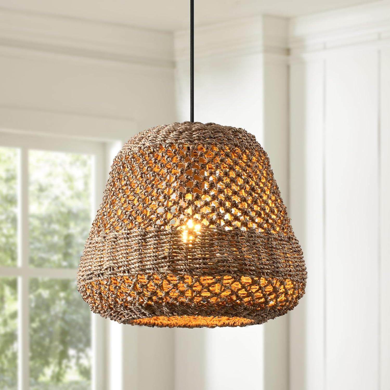 Brown Rattan Pendant Light 13.8in Farmhouse Woven Chandelier Rattan Lights Fixture Over Island Rustic Wicker Hanging Ceiling Lighting for Dining Room Kitchen Bedroom Entryway Restaurant Bar
