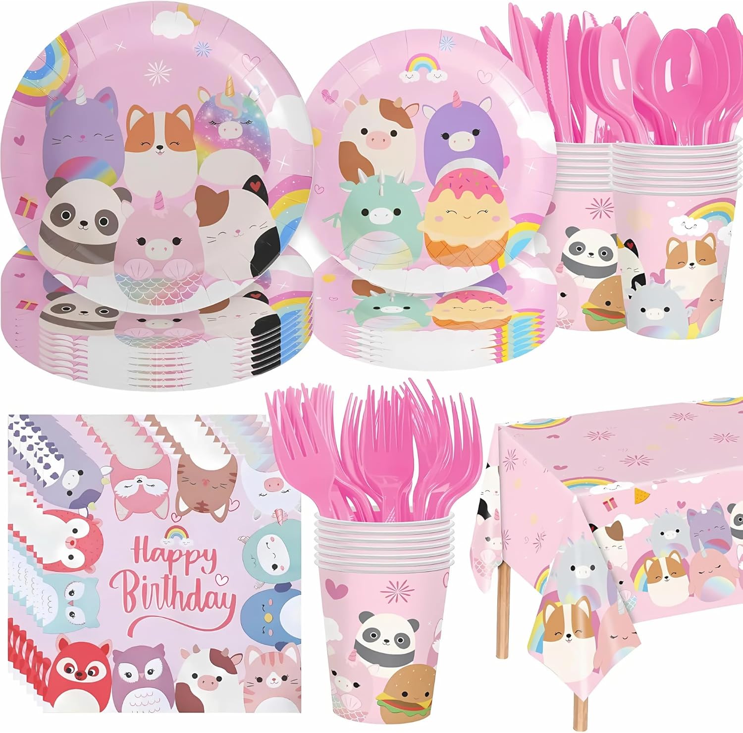 Cute Animals Birthday Decorations Kids Party Supplies with Plates Cups Napkins Spoons Forks Knives Tablecloth