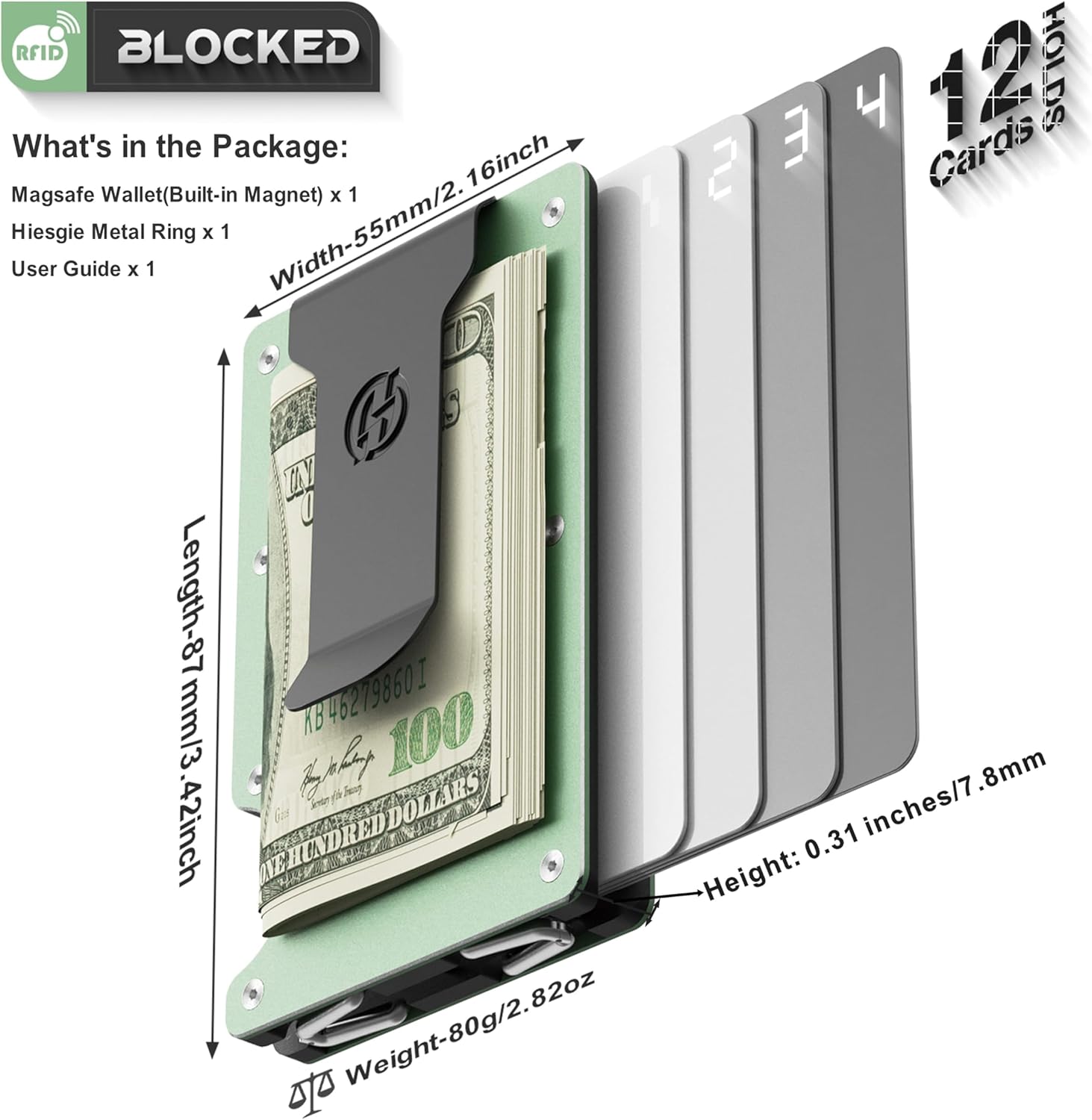 Minimalist Magnetic Wallet for Women, Compatible with MagSafe Wallet with Money Clip, Rfid Blocking Metal Card Holder, Slim Wallet Compatible with iPhone 16/15/14/13/12 Series - Grass Green - Image 2