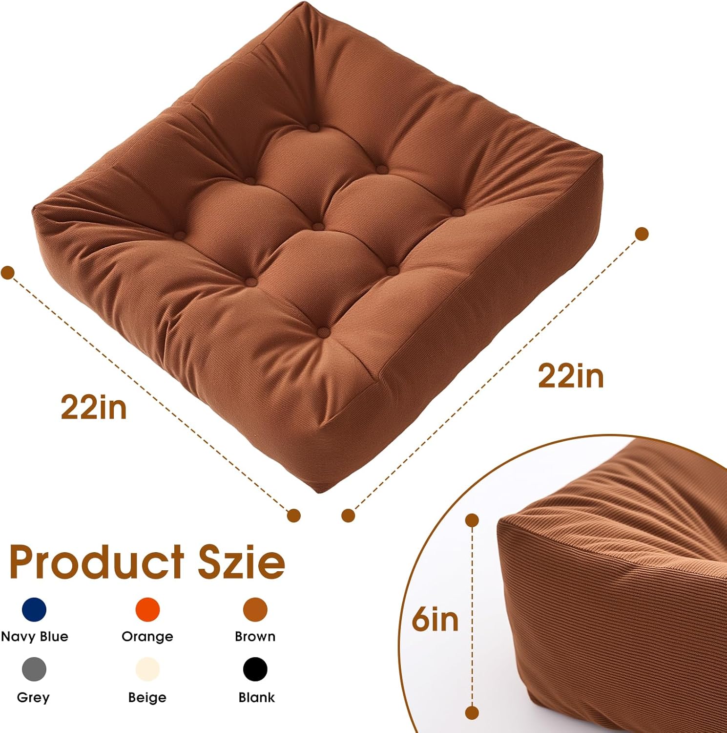 4pcs floor pillows for adults, 22x22 inch meditation cushions, large square sitting cushion living room memory foam pillow for sitting (4, brown, 22x22x6 inch) 22x22x6 inch brown 4
