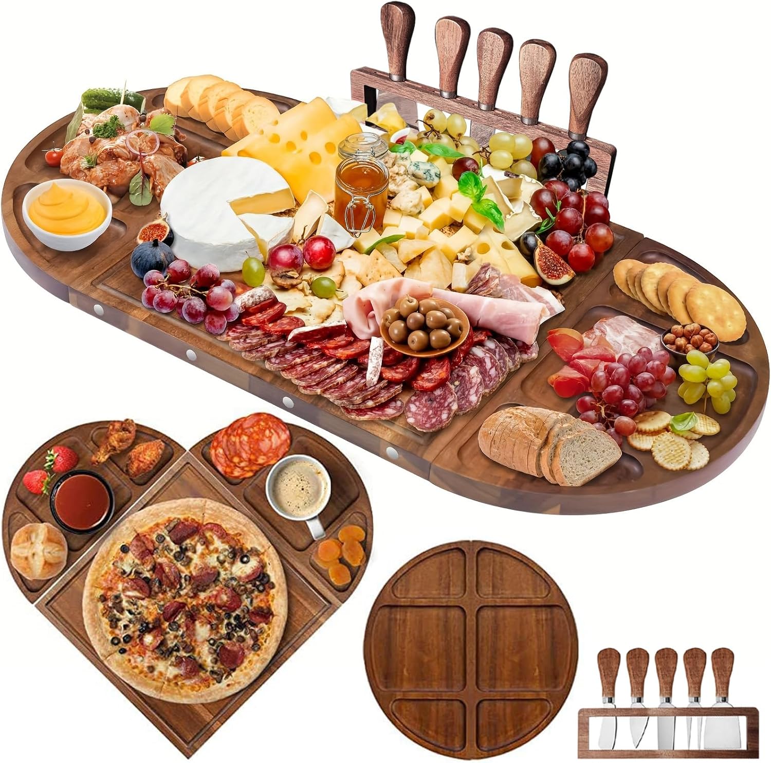 26" Large Charcuterie Boards Set with 5Pcs Cheese Knives, 3 Part Long & Round Magnetic Cheese Boards - Acacia Wood Grazing Board for Bridal Shower, House warming Gifts New Home, Wedding Gifts