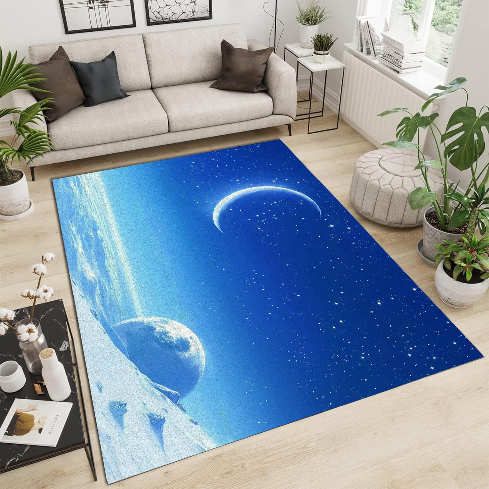 Tapis de salon 120x180cm poil court résistant et fin anti-poussière blanc croissant moderne