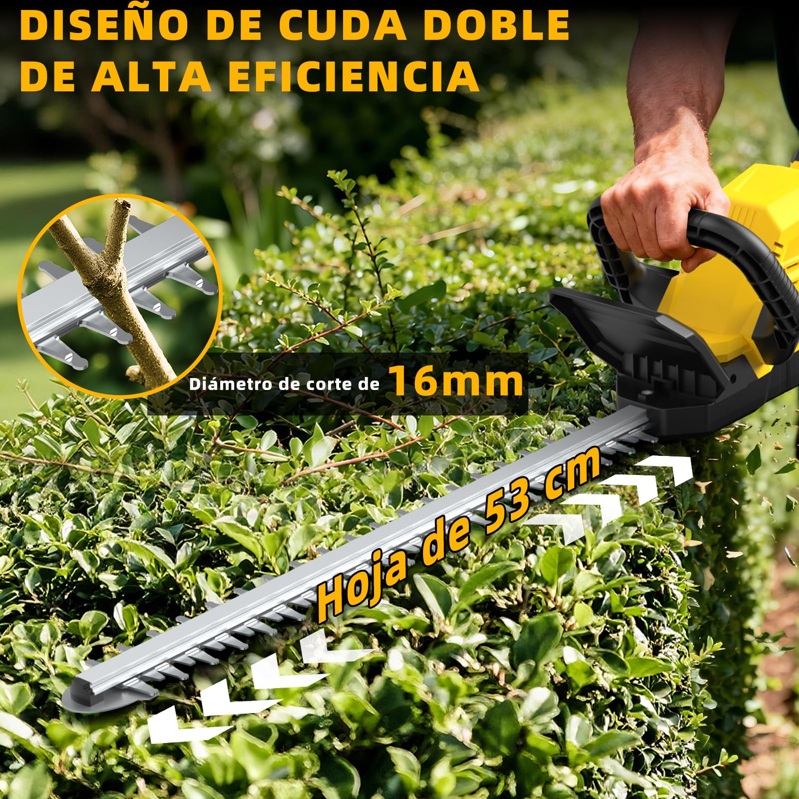 53cm Cortasetos Bateria 2 x 4.0Ah - 21V Cortasetos Electrico Inalámbrico con Mango Giratorio de 180°, Espesor de Corte 16mm, Corta Setos Jardin Electrico para Setos, Arbustos y Poda