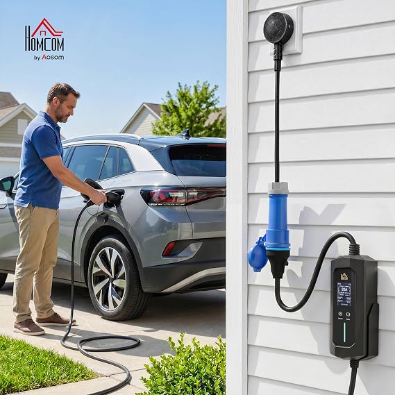 HOMCOM EV Charger 7kW Type 2 10m with Blue CEE 32A Plug & UK 3 Pin Adapter