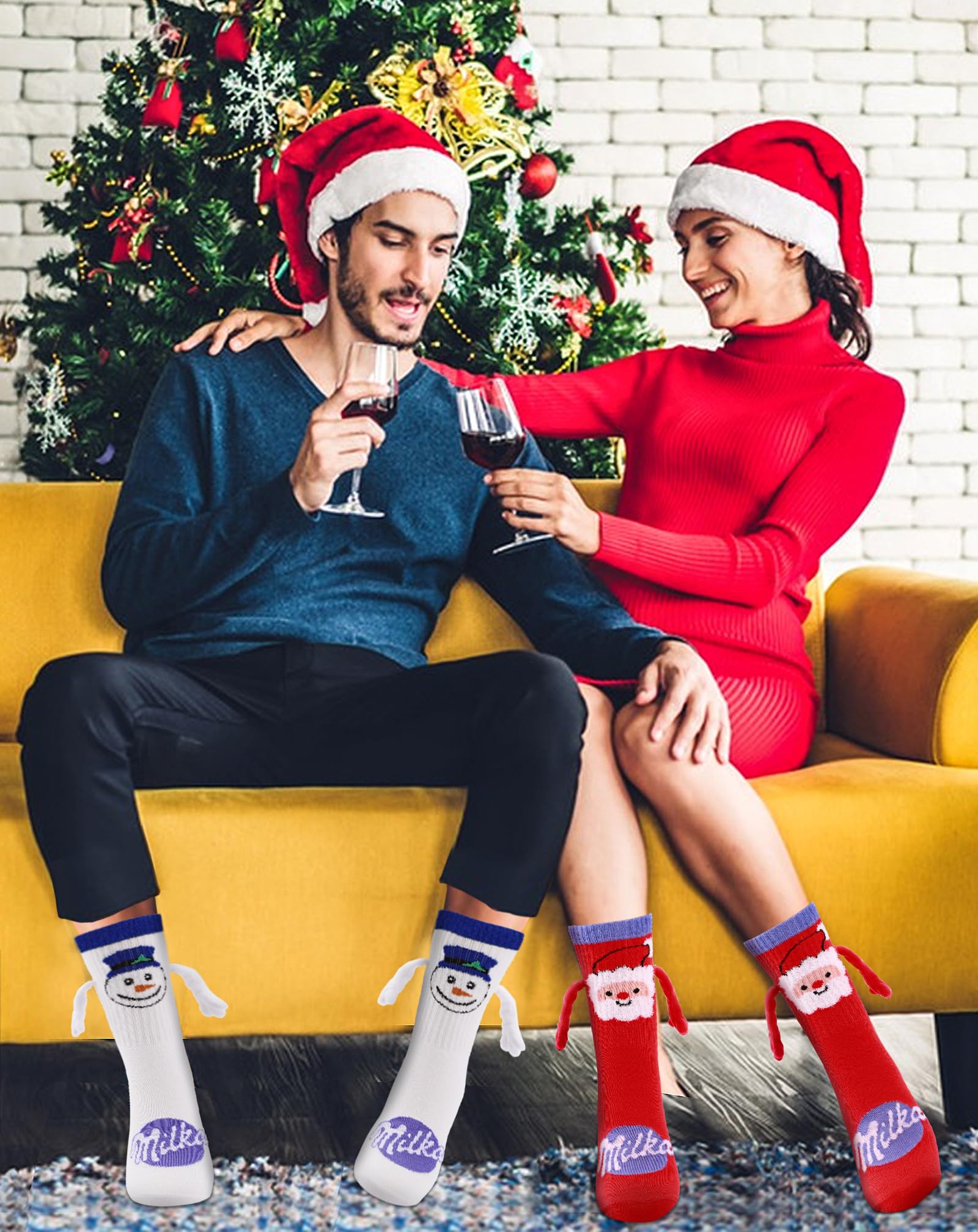 Lot de 4 paires de chaussettes de Noël amusantes tenant les mains, magnétiques pour homme et femme, chaussettes de vacances folles avec imprimé de Noël, chaussettes de Noël fantaisies pour couple