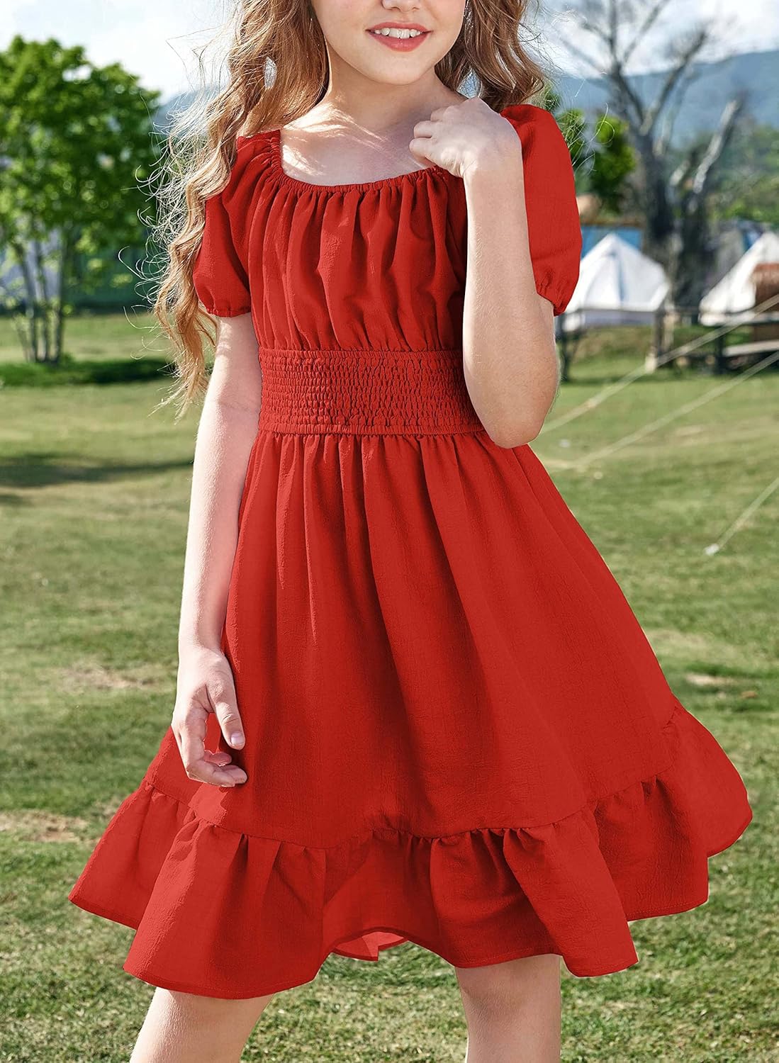 Arshiner Girls Tie Back Short Sleeve Ruffle Hem Off Shoulder Casual Elegant Dresses 4-12 Years - Image 4