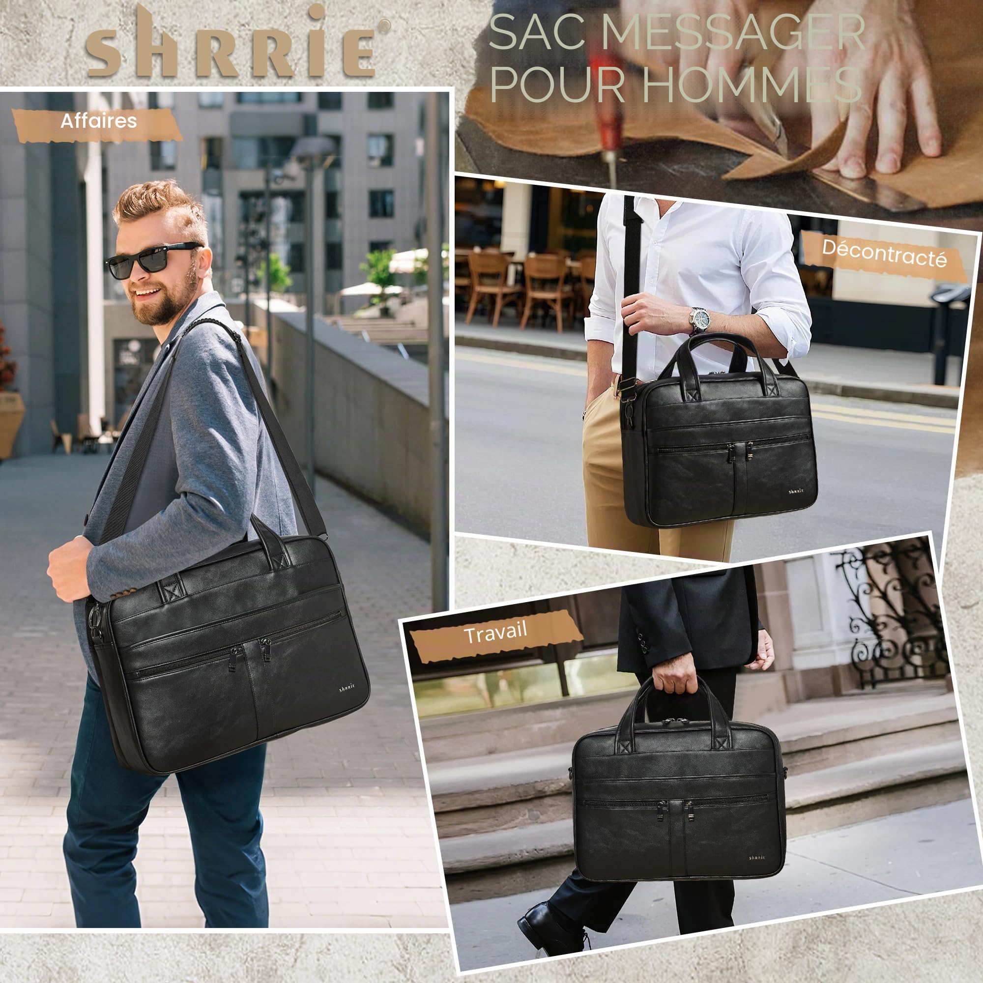Shrrie Sac à messager en cuir pour homme et femme, sac pour ordinateur portable de 16 pouces, mallette rétro en cuir résistant à l'eau pour homme d'affaires travail