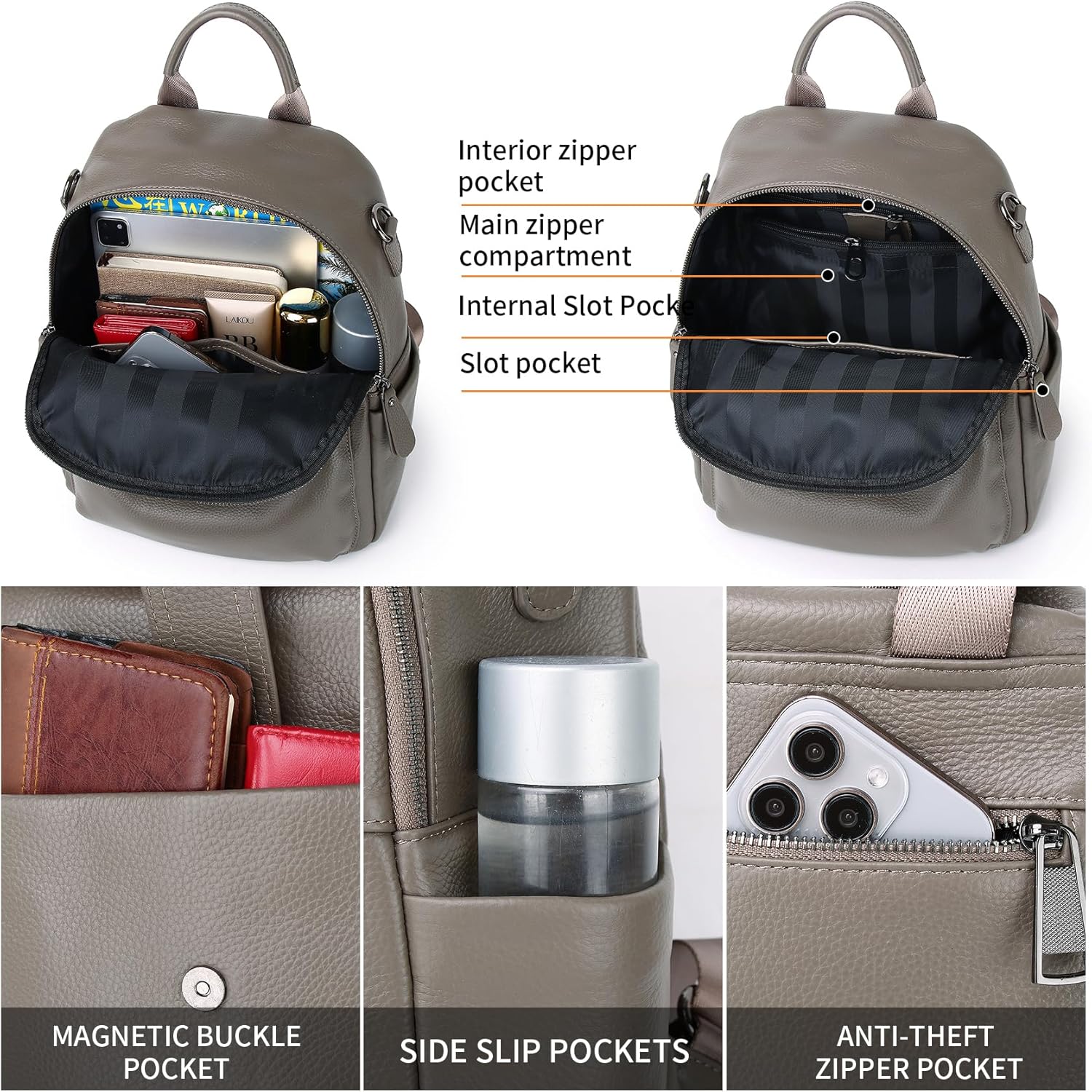 Genuine Leather Backpack Purse For Women Grey Real Soft Leather Travel Convertible Ladies Shoulder Bag - Image 5