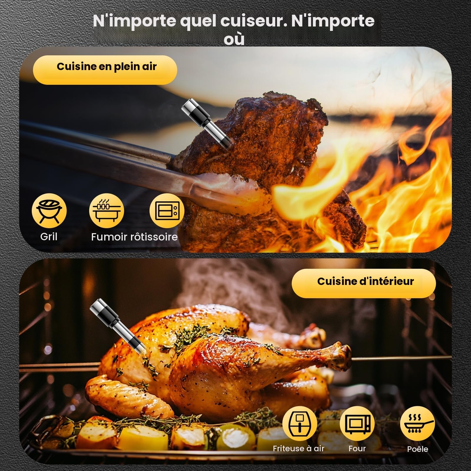 Thermometre Cuisine sans Fil, Sonde Temperature Cuisine Barbecue, Thermometre Connecté Bluetooth 240m et App, Étanche et Rechargeable, Minuterie et Alarme, Thermomètre Viande pour Four, Grill, Cadeau