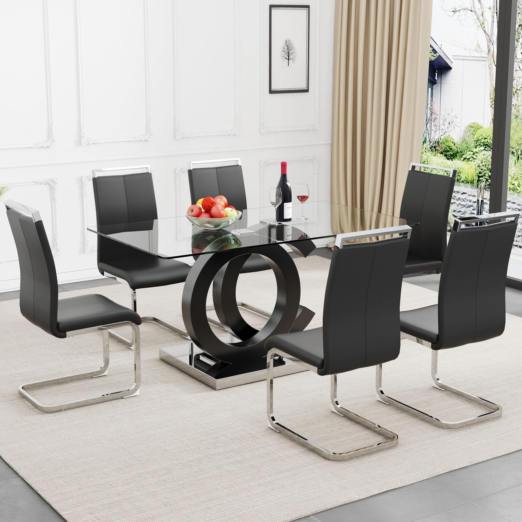 7 Piece Dining Table Set,Glass Dining Table Set for 6，Modern Dining Table and Faux Leather Padded Seats for Kitchens, Living Rooms, Bedrooms (Silver Table-Black Chair B-6)
