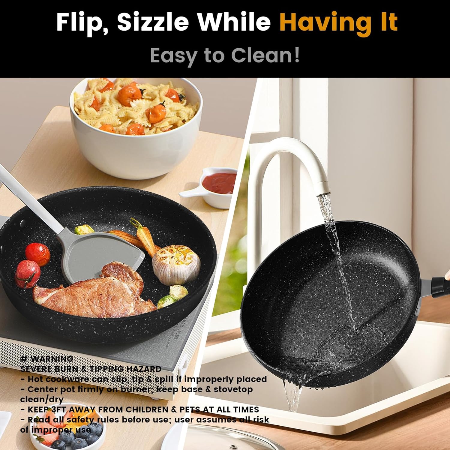 Nonstick Frying Pan Skillet 3 Piece Set, Stone Coating Cookware, 9, 10 & 11 Inches Egg Omelette Pan with Heat-Resistant Handle, PFOA Free,Induction Compatible