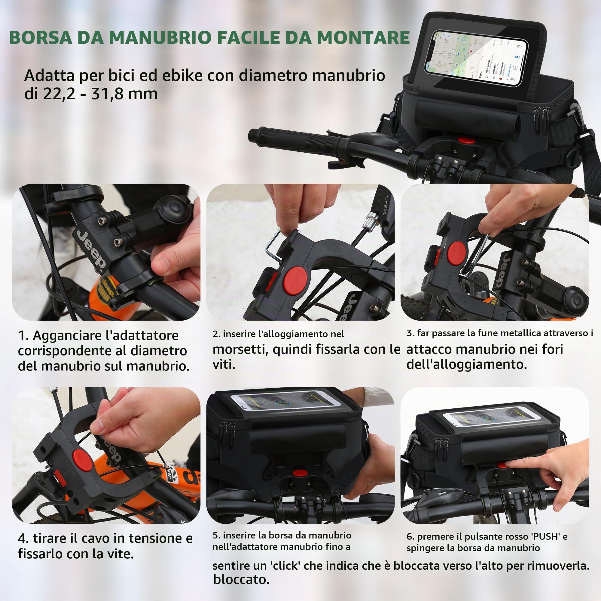 Borsa Bici Manubrio con Adattatore Manubrio,6.5L Borsa Manubrio Bici e Bici Elettriche Impermeabile Grande Capacità Estino Bici Anteriore Bici e-bike,Nero