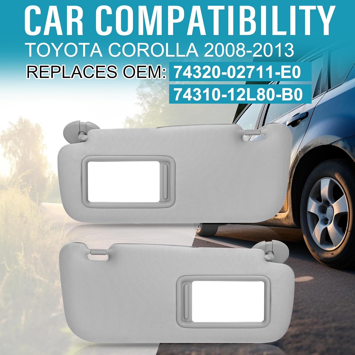 Grey Left Driver & Right Passenger Side Sun Visor with Mirror Compatible with Corolla 2008 2009 2010 2011 2012 2013 Replace# 74320-02711-E0,74310-12L80-B0