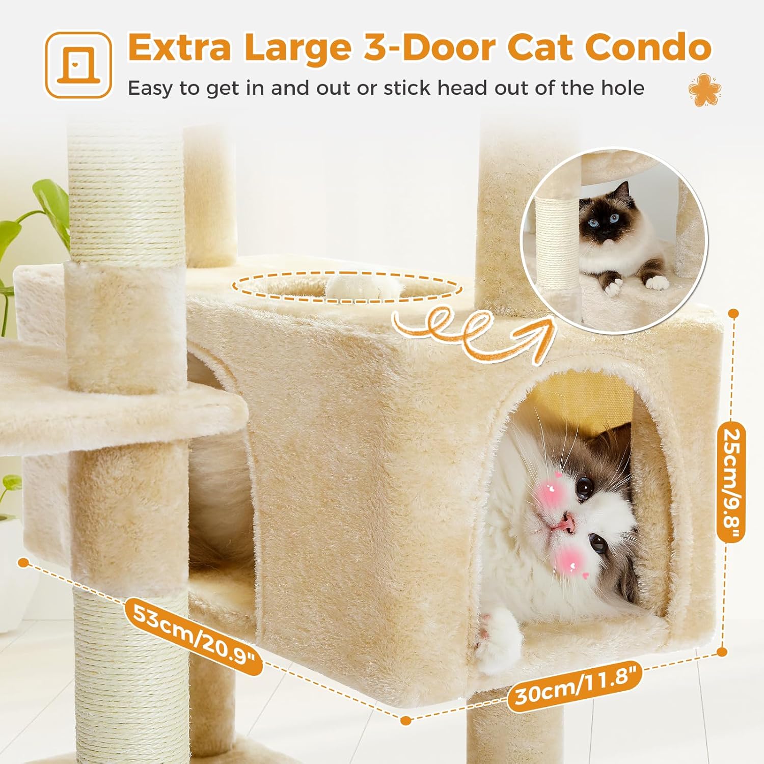 PAWZ Road Large Cat Tree, 72 Inches Cat Tower for Large Cats, Cat Condo with Sisal-Covered Scratching Posts and Pads, 2 Padded Perch, Dual Condo and Basket for Indoor Cats-Beige