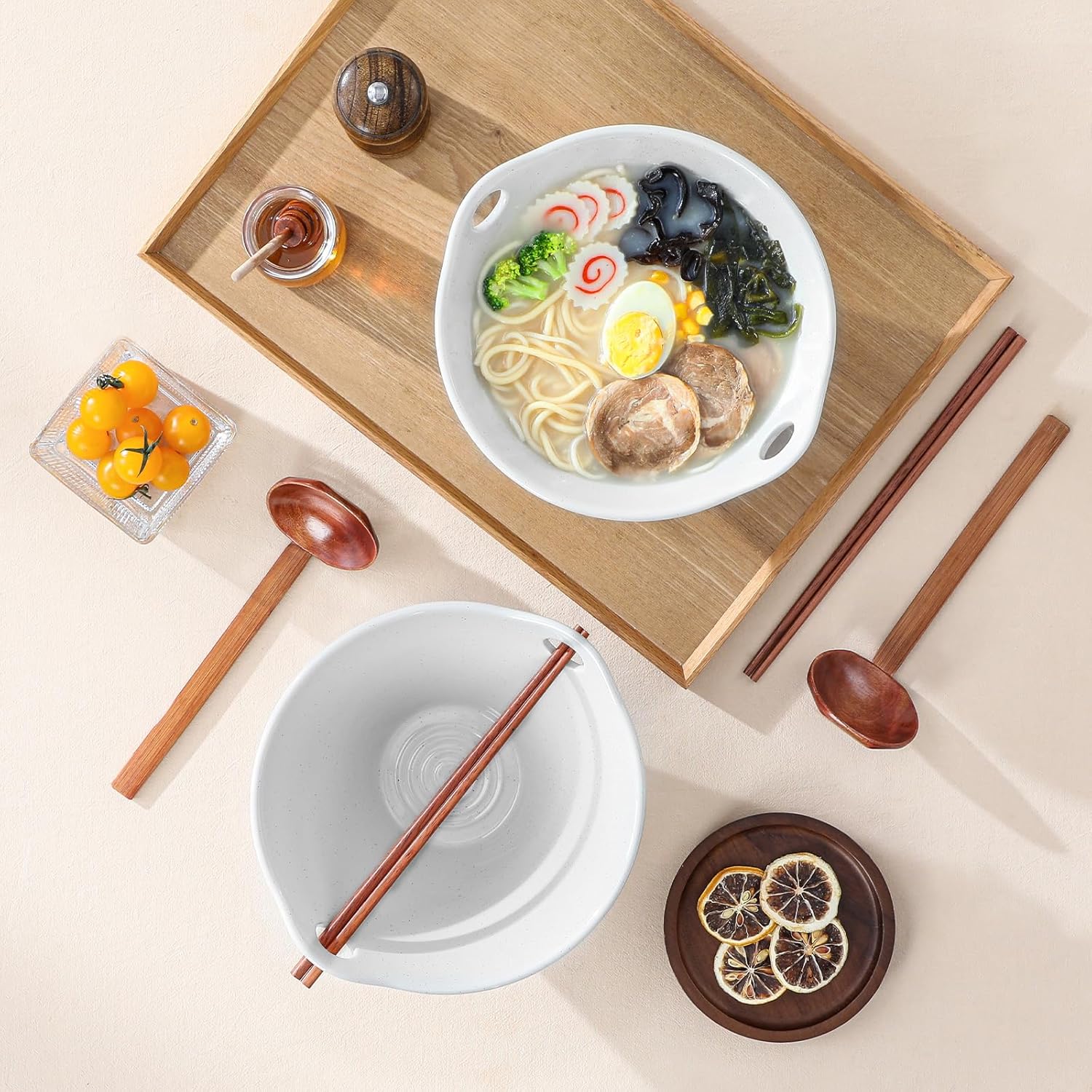 MALACASA 42 oz Ceramic Ramen Bowl Set with Wooden Spoon & Chopsticks, Japanese Style Soup Bowls for Ramen, Pho, Noodles – Set of 2, Microwave & Dishwasher Safe, Series TARA (Gray and Khaki)