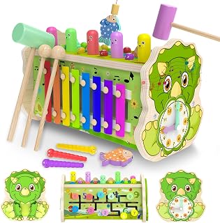 Montessori Wooden Toy for 2 Year old, 7 in 1 Toddler Whack a Mole Game, Educational Hammering Pounding Toy with Xylophone, Maze, Puzzle, Hammers, Clock, Magnetic Fishing Game, Gift for Age 2 3 4 5