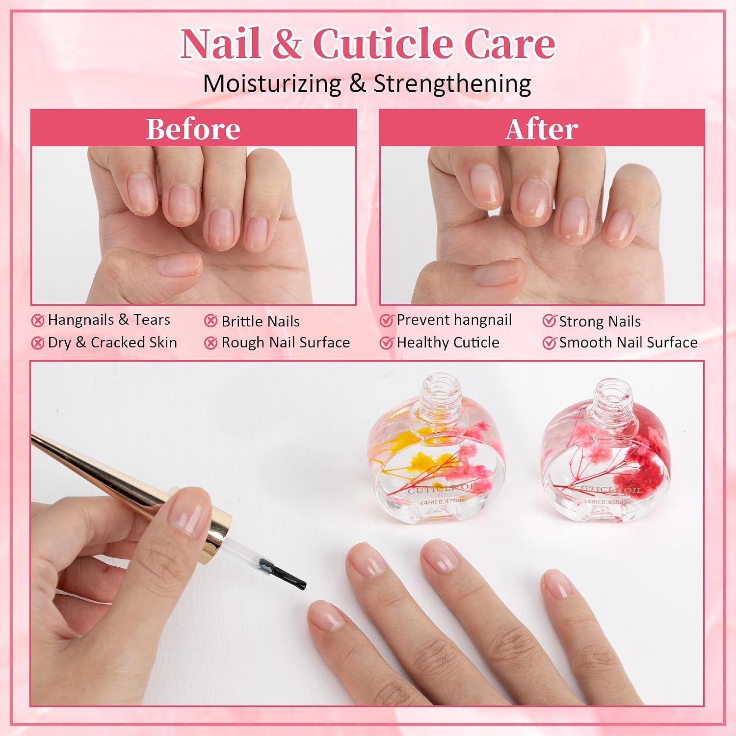 Meschett Cuticle Oil for Nails with Flowers – 0.47oz Nail Oil, Nourishing & Moisturizing Formula, Softening Cuticle Care, Holiday Gift for Women (2PCS,Peach & Strawberry)