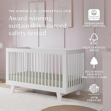 Babyletto Hudson 3-in-1 سرير أطفال قابل للتحويل مع سرير أطفال وتحويل سرير نهاري - سهل التجميع - معتمد من GREENGUARD Gold مع 4 مرتفعات قابلة للتعديل - أبيض