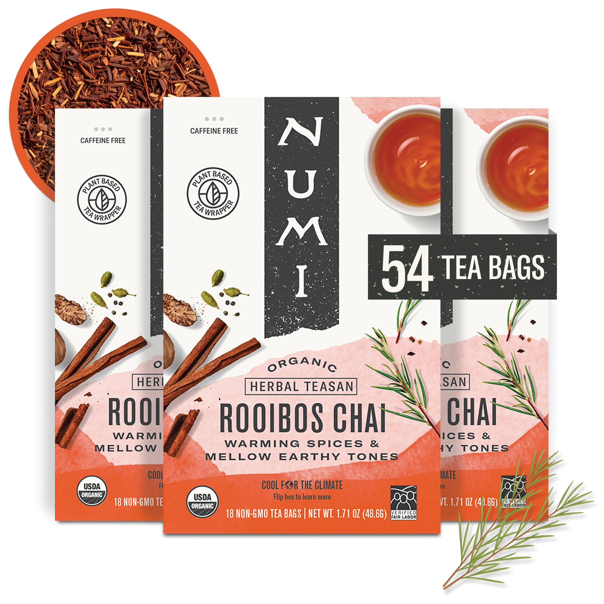 NumiBio Rooibos Chai Tea Bags, 18 Tea Bags (Pack of 3), Red Tea with Cinnamon, Allspice & Ginger, Caffeine Free