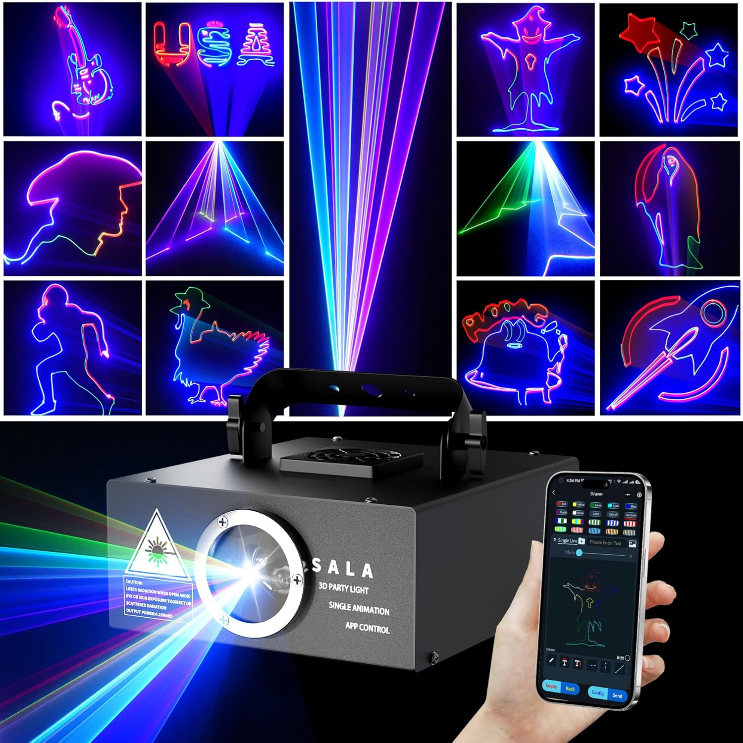 SALA DJ Laser Light with various laser patterns projected
