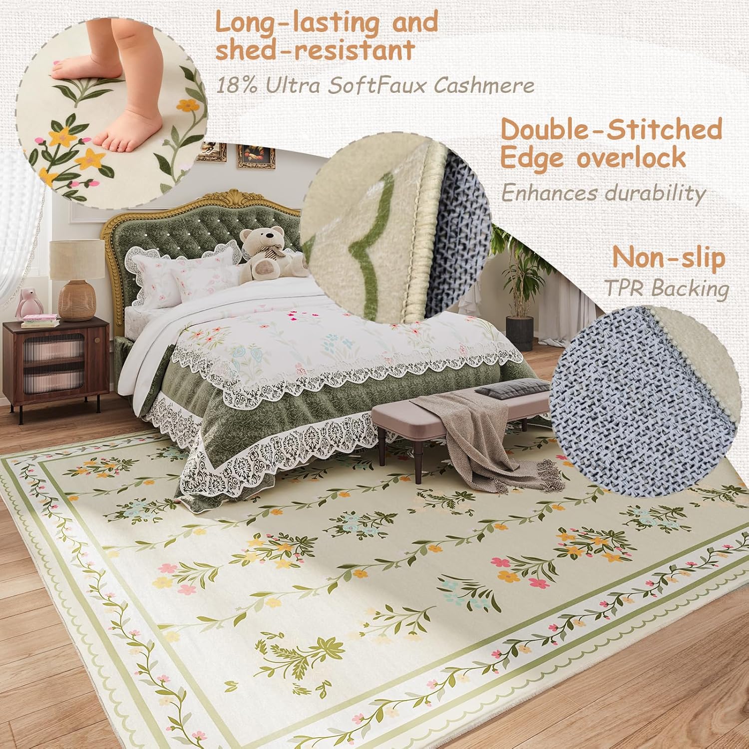 Floral Rugs for Bedroom Girls,8x10 Khaki Nursery Rug,Machine Washable Non Slip Carpet for Toddler Kids Room,Living Room,Playroom