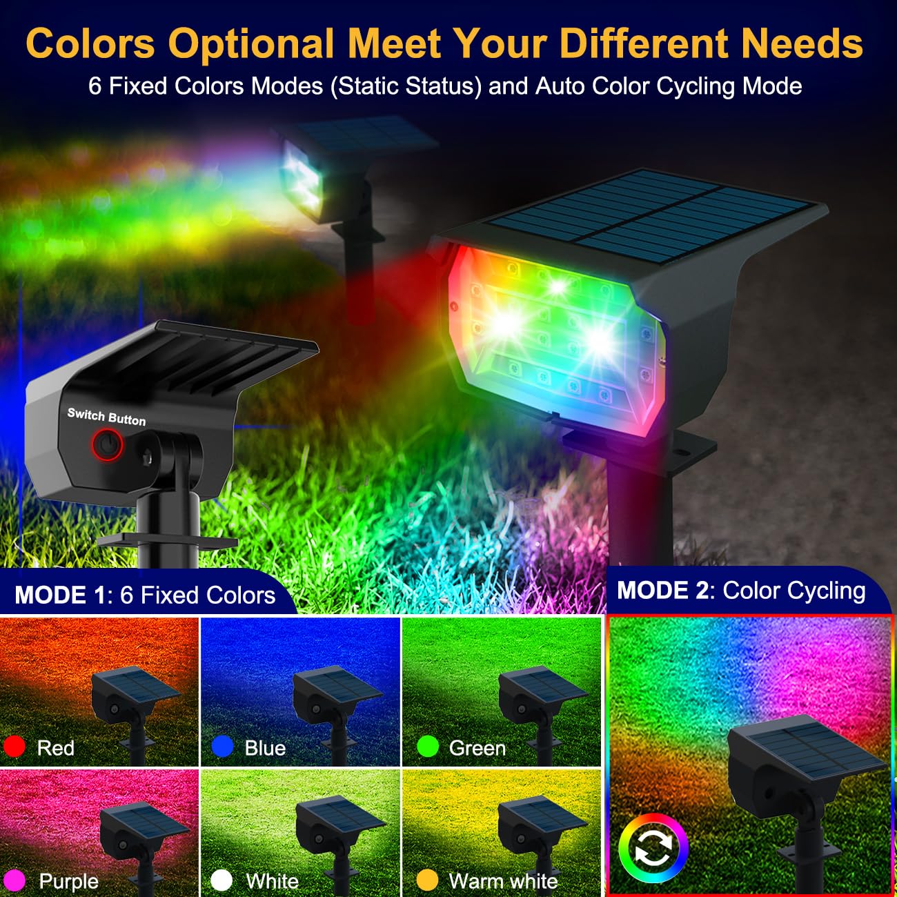 btfarm 8 Pezzi 72 LED Faretti Solari a LED da Esterno, 3 Livelli di Luminosità Lampade Luci Solari da Giardino Potenti, IP65 Impermeabile Lampada Lampioni Solare per Cortile, Alberi, Colorato