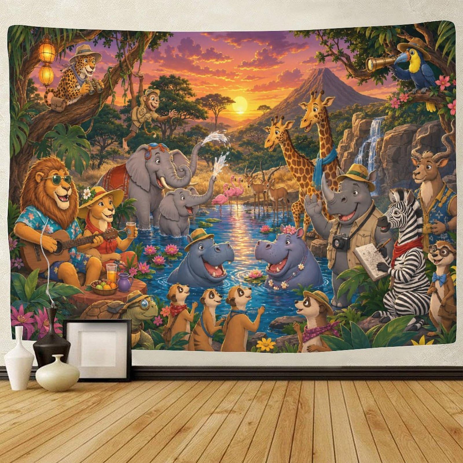 ASDFGHJKLZA African Savannah Wildlife Animals 3D Print Wall Tapestry Wall Art Decor Tapestries Poster Curtain Living Room College Dorm 130cmx150cm