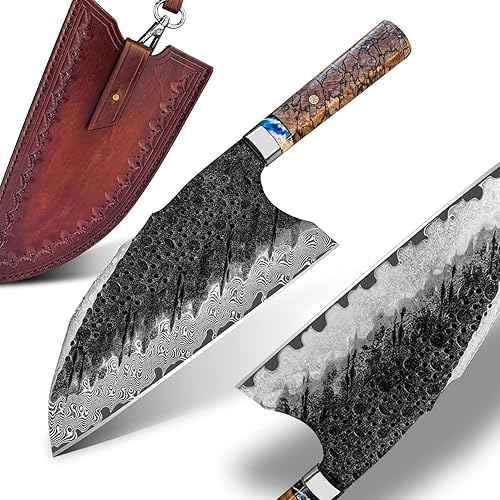 Cuchillo chino VG10 Damasco de acero para cocina, 8.5 pulgadas profesional hecho a mano con mango de madera estabilizado Burl para carne y verduras