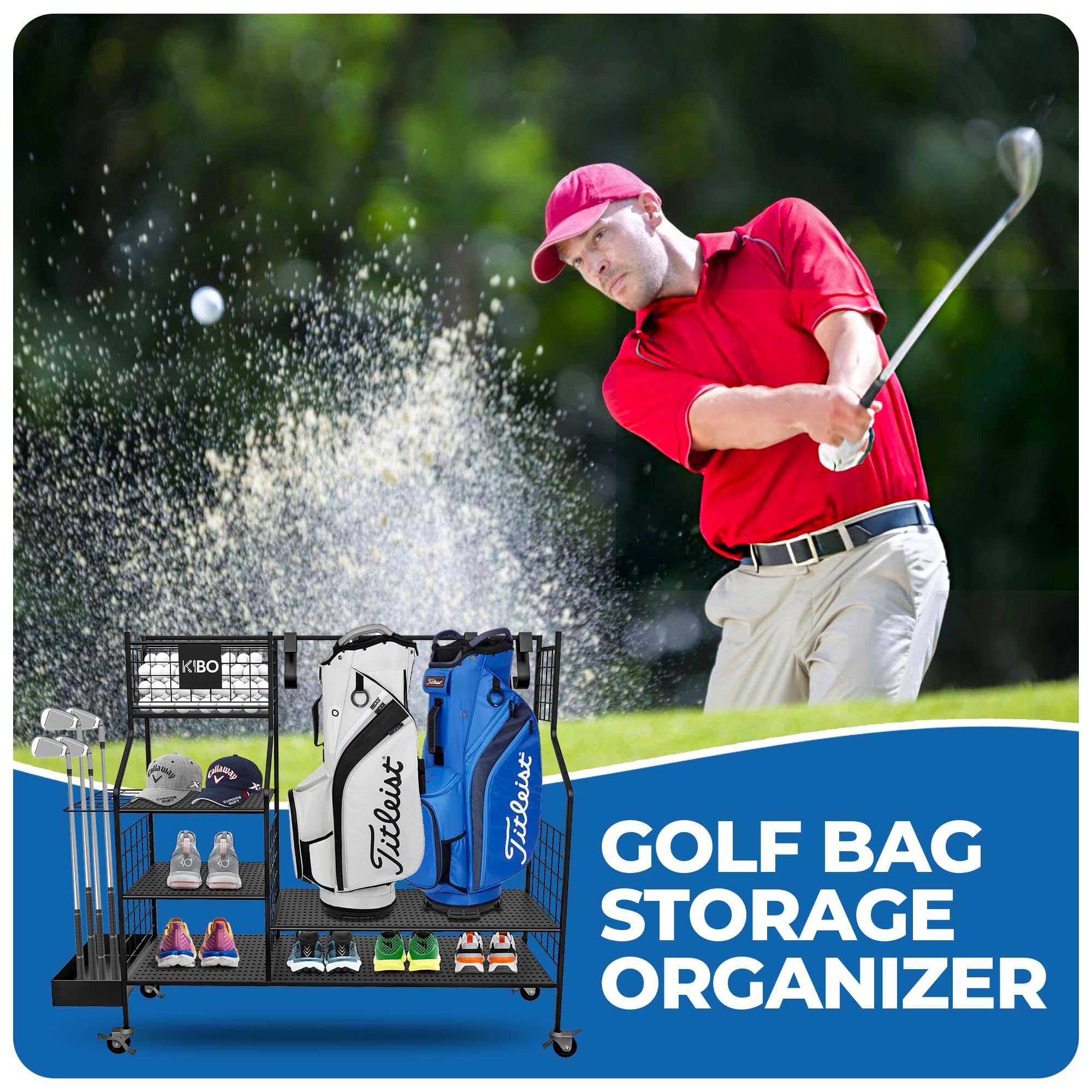 KIBO Organiseur de golf – Support de rangement de golf, noir avec roulettes, club de golf et sac de rangement, présentoir de garage pour accessoires de golf, y compris autocollants d'impact de golf