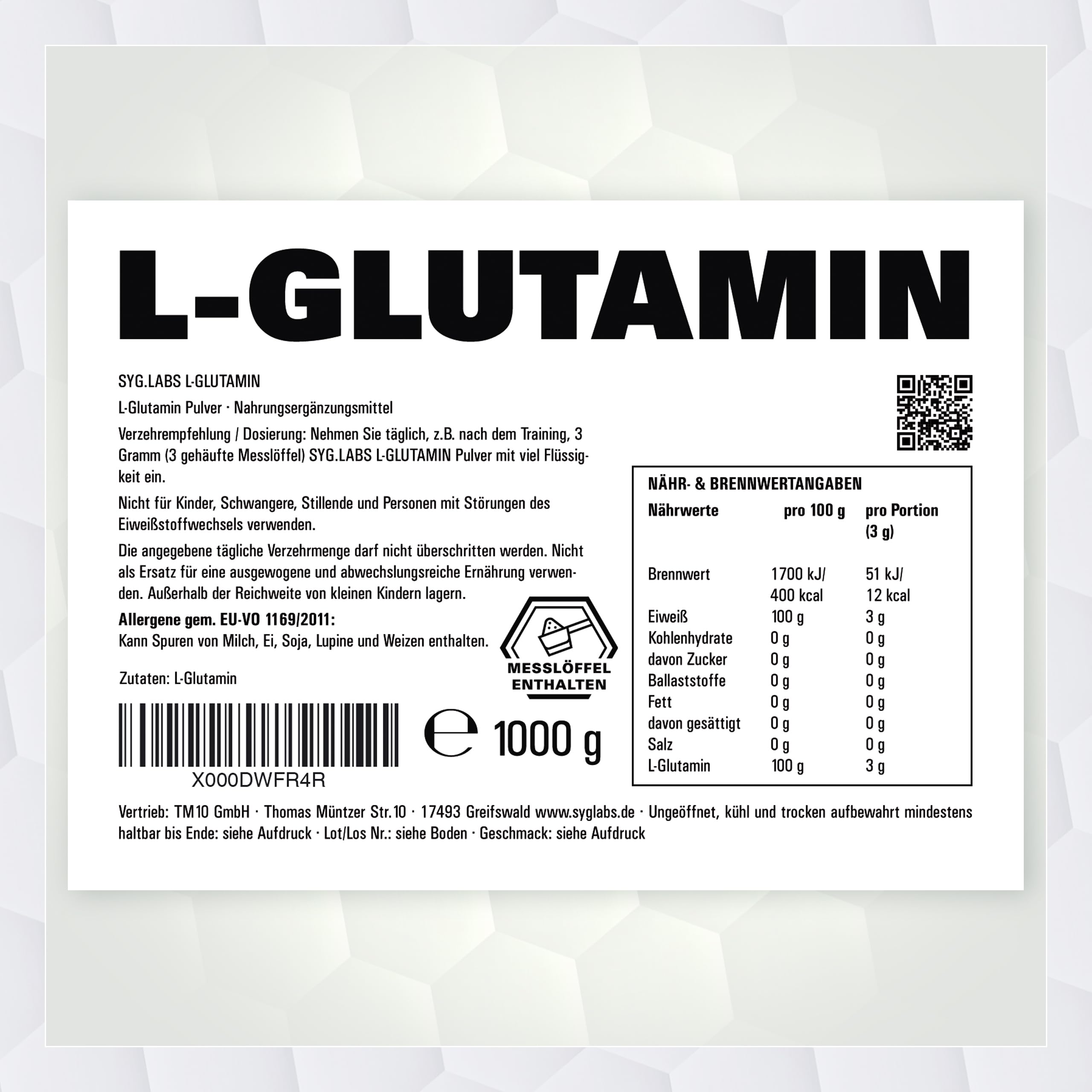 L-Glutamin Pulver 100% rein - 1000g Aminosäure Glutamine - 1kg - ohne Zusatzstoffe - vegan - mit Messlöffel - Glutamin - laborgeprüft