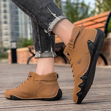 Unisex Handmade Soft Leather High Boots, Beck Shoes Waterproof, Non-Slip Lightweight Breathable Chukka Boots Casual Sneakers for Driving & Hiking Barefoot Shoes(Color:Brown,Size:44 EU)