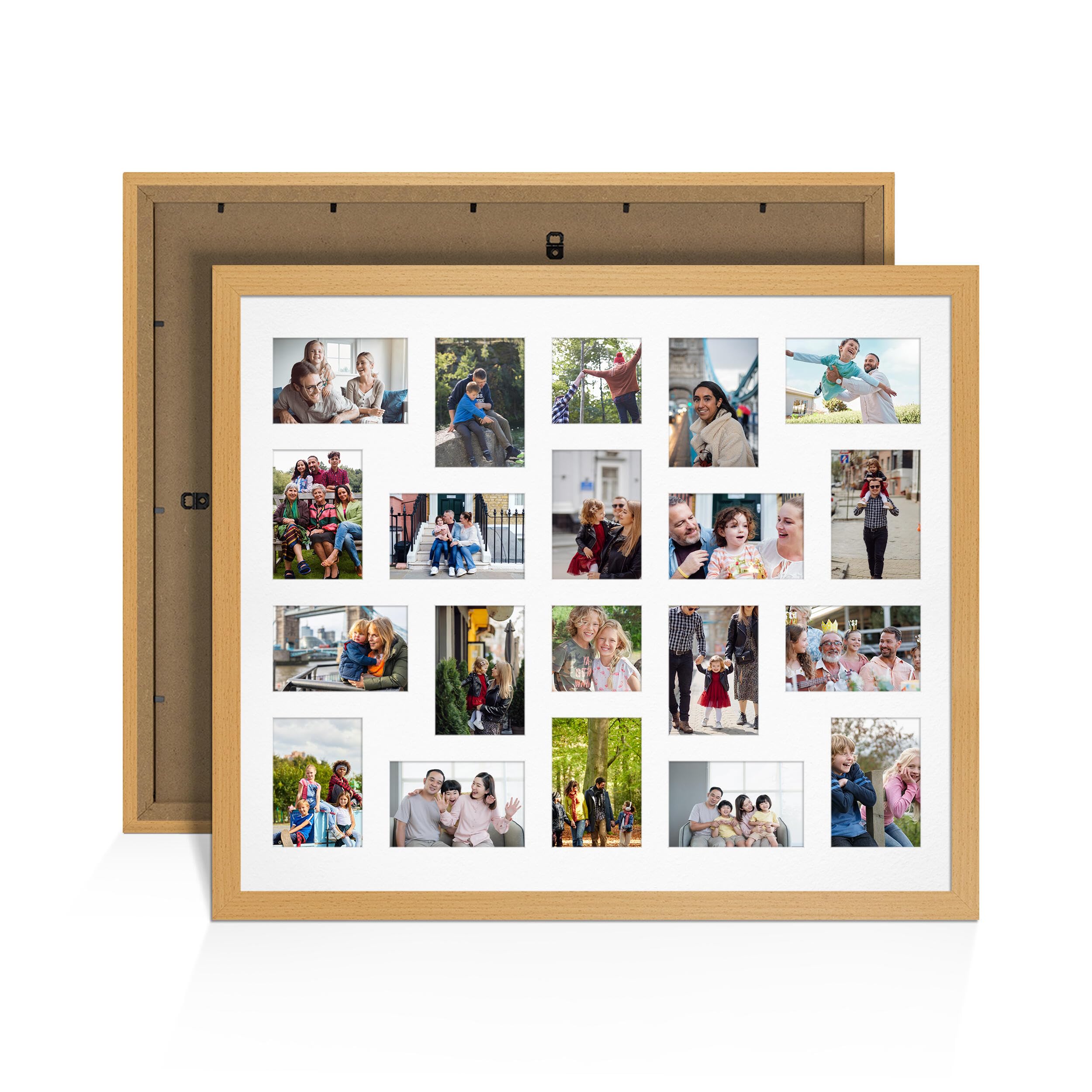 Alison Kingsgate Country Pine 80x70cm Photo frames for multiple pictures - 20 Apertures Collage Frame with White Mount- Holds (18x) 6x4 & (2x) 4x4 Photos - Engineered Wood & Perspex