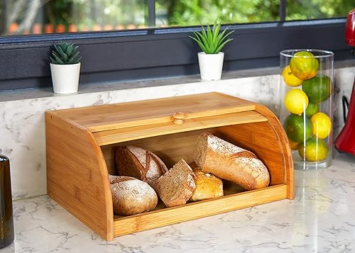 Miniatura 4 de ROYALHOUSE Caja de pan de bambú natural con tapa enrollable para almacenamiento de alimentos de cocina, requiere montaje