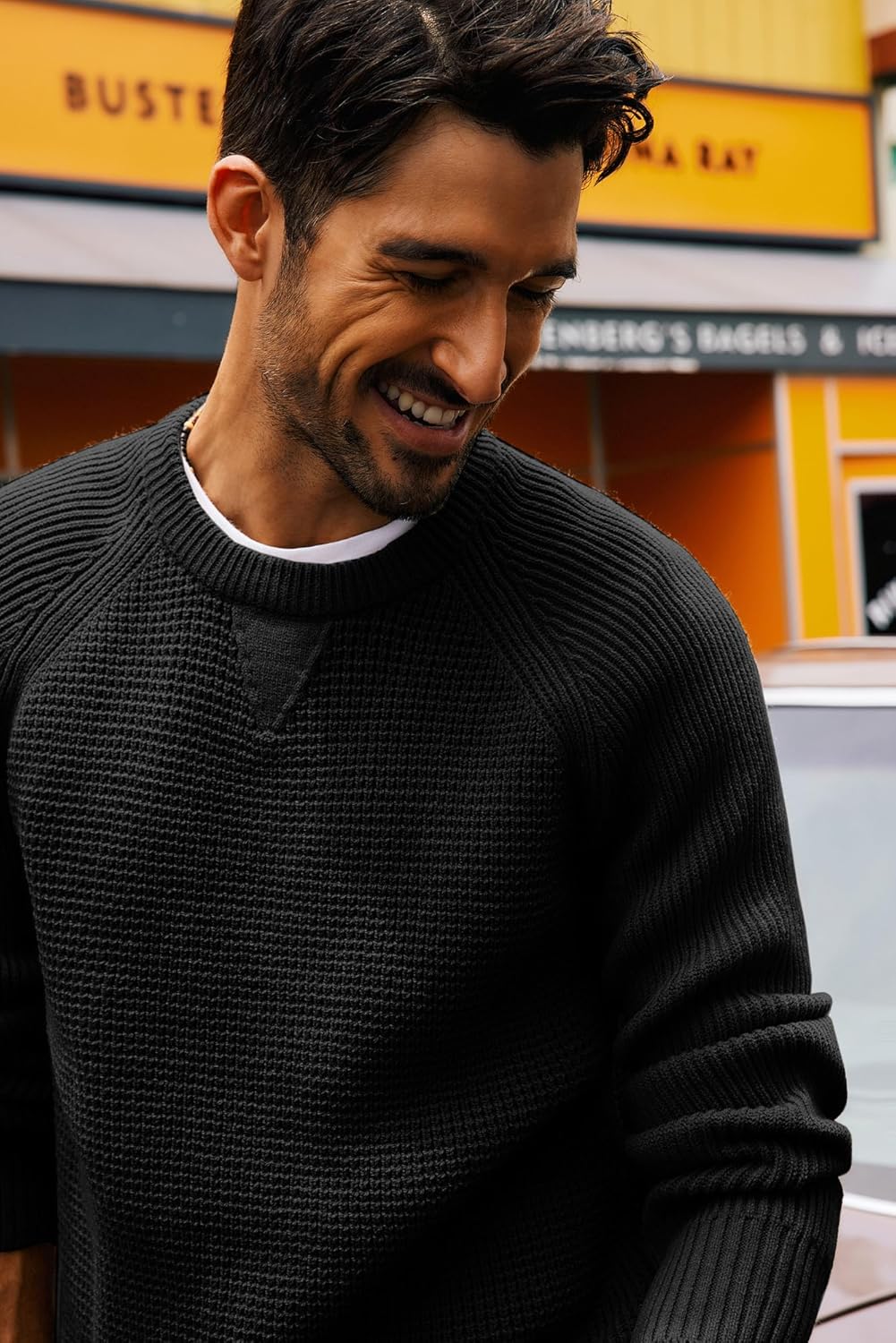 PJ PAUL JONES Mens Crewneck Sweater Waffle Knitted Pullover Sweaters Raglan Sleeve Knitwear Sweaters - Image 2