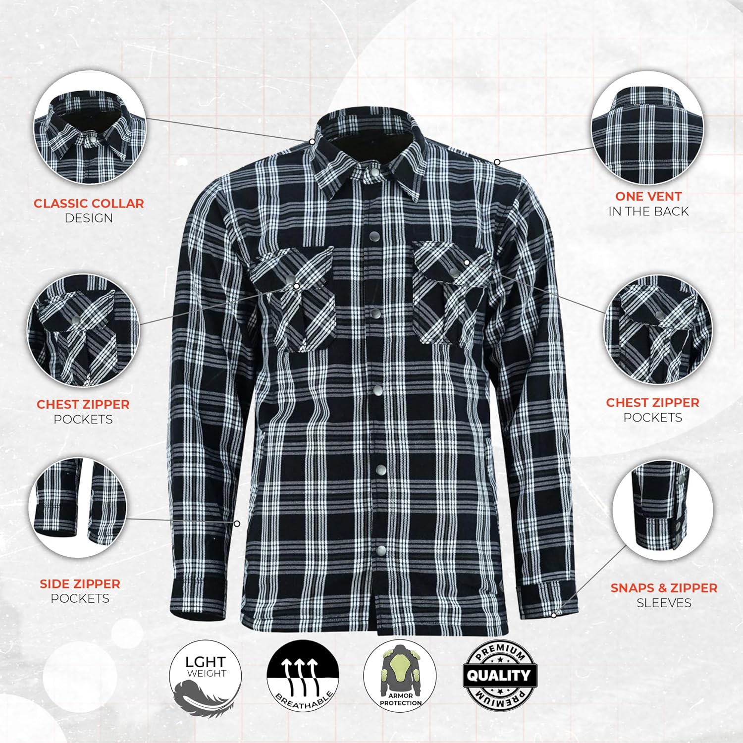 Daniel Smart Men's Motorcycle Shirt Plaid Biker Flannel Jacket Removable Sporty Armored, Zipper Closure & Water Resistant - Image 4