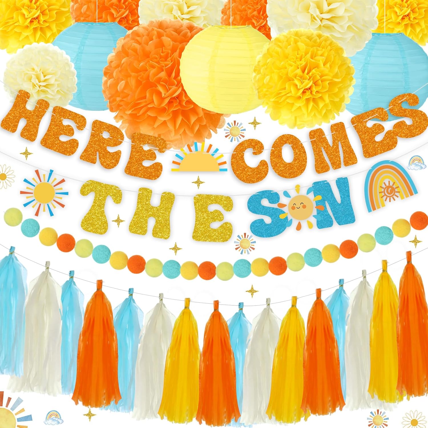 TaoBary Here Comes The Sun Baby themed Shower Banner Here Comes The Son Baby Shower Decorations with Tissue Pom Poms Garland Paper Lantern Boho Retro Sunshine 1st Birthday Party Supplies
