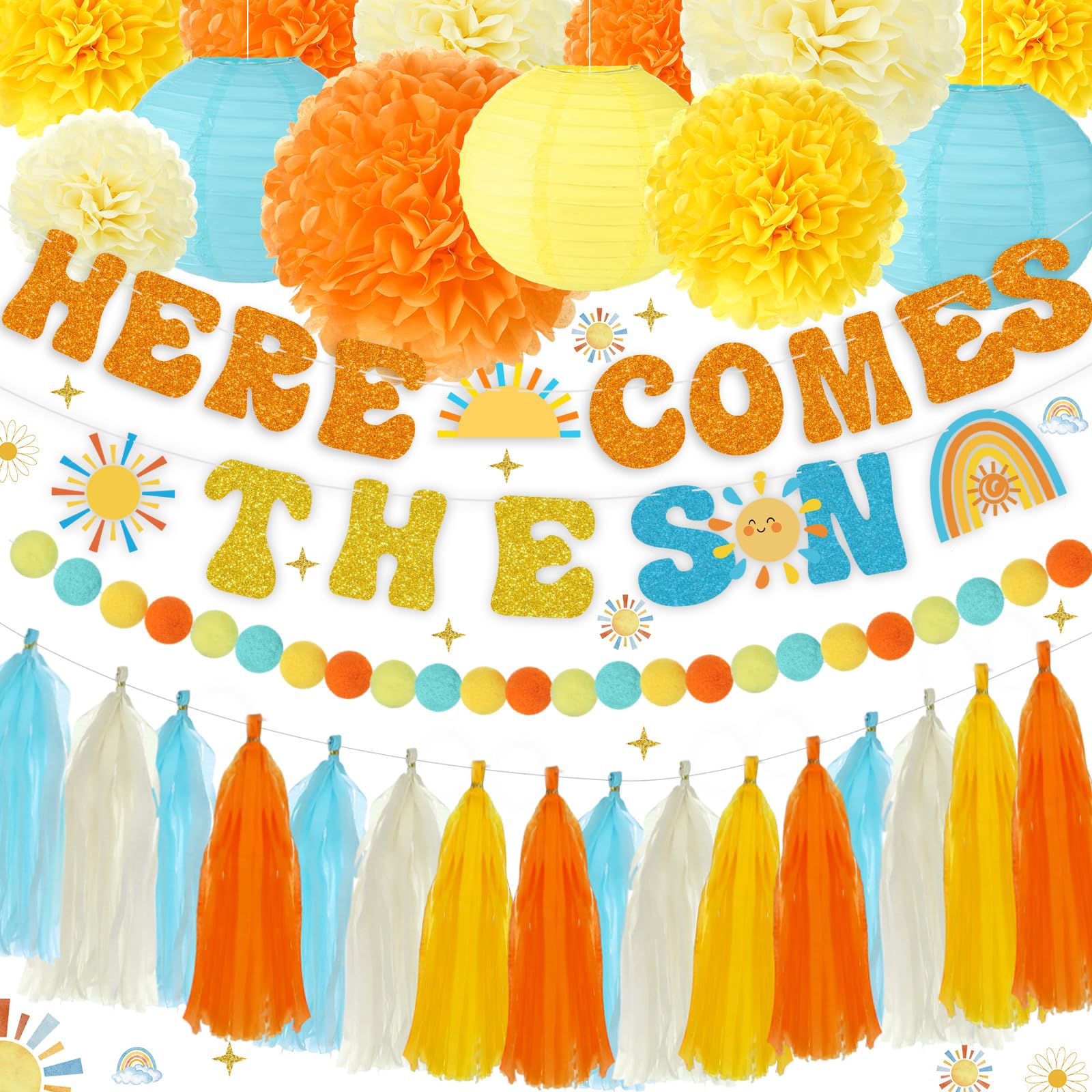 TaoBary Here Comes The Sun Baby themed Shower Banner Here Comes The Son Baby Shower Decorations with Tissue Pom Poms Garland Paper Lantern Boho Retro