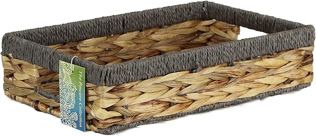 Shallow Rectangular Water Hyacinth baskets. Natural baskets light colour and with grey edges. Open trays for storage of paper, toys or books and magazines (37cm, Grey Edge)