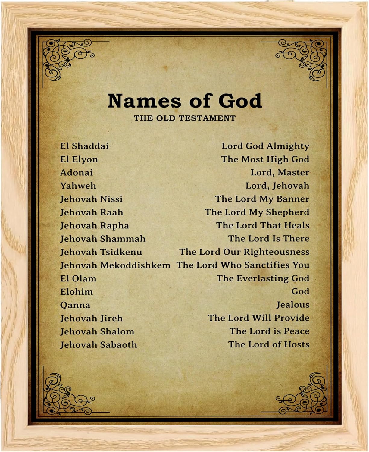 Names of God Christian Wall Art Decor - Inspirational Bible Verse Art Print for Home, Office, Church, Living Room & Bedroom Decor (Brown Framed, 8 x 10 inches)