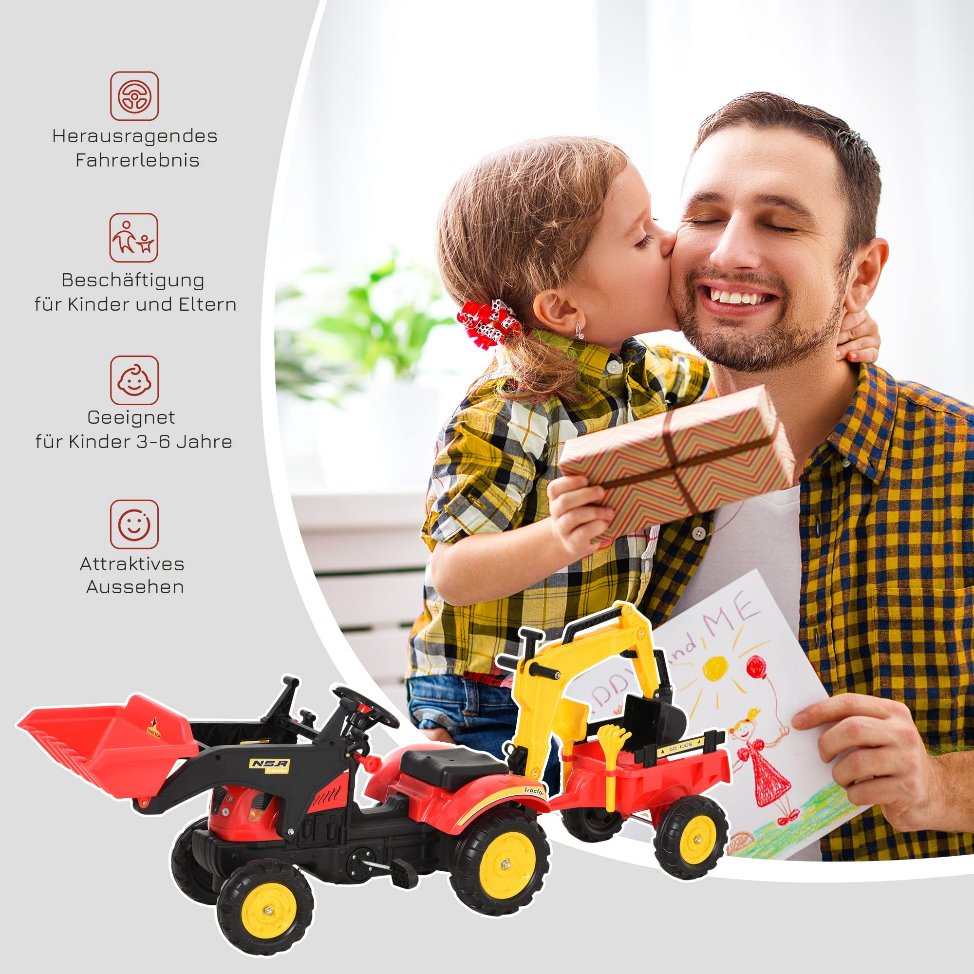 HOMCOM Traptractor Zittende Graafmachine Voor Kinderen - Groen Met 2 Snelheden En Muziek