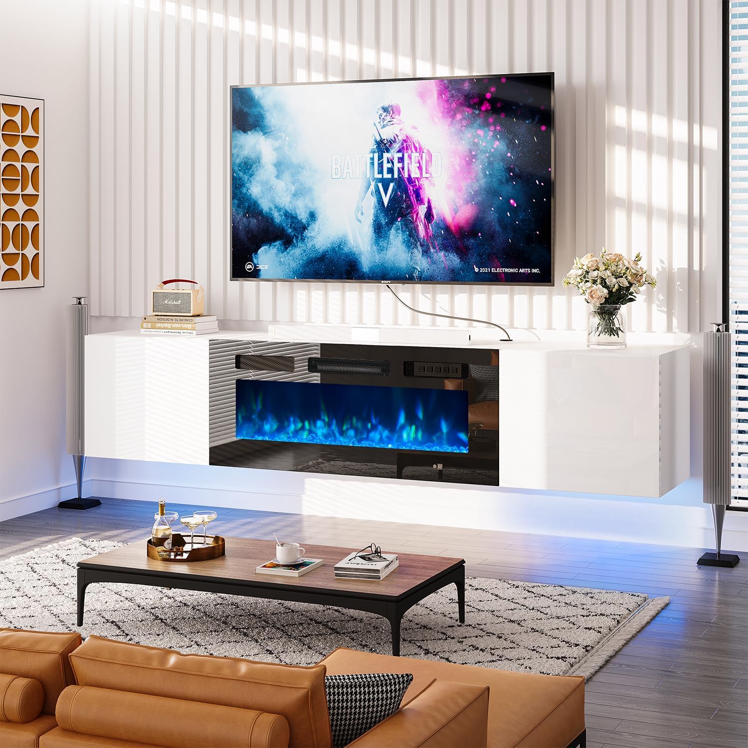 70" Floating Fireplace TV Stand, White Entertainment Center & Black Electric Fireplace, High Gloss Doors, Floating TV Console Wall Mounted, Suitable for TVs up to 80 Inches