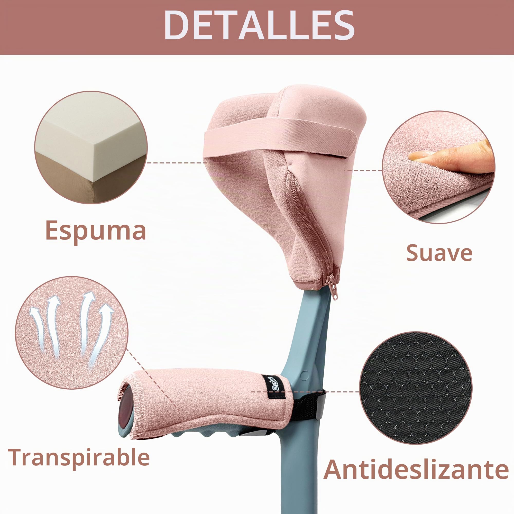 SPRING SEAON Juego de 4 almohadillas de agarre para muletas | Acolchado suave, para puños abiertos, fundas de agarre antideslizantes, correas de ajustables, transpirables y lavables