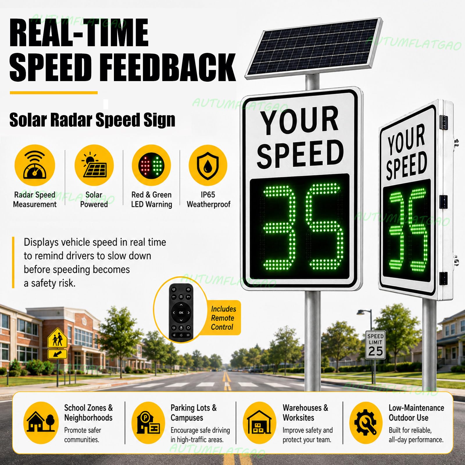 Señal Radar Velocidad Solar LED, Cartel De Límite De Velocidad Con Detección Por Radar, Pantalla Roja/Verde Y Mando a Distancia Para Colegios, Comunidades, Granjas Y Zonas Industriales 20"×27"