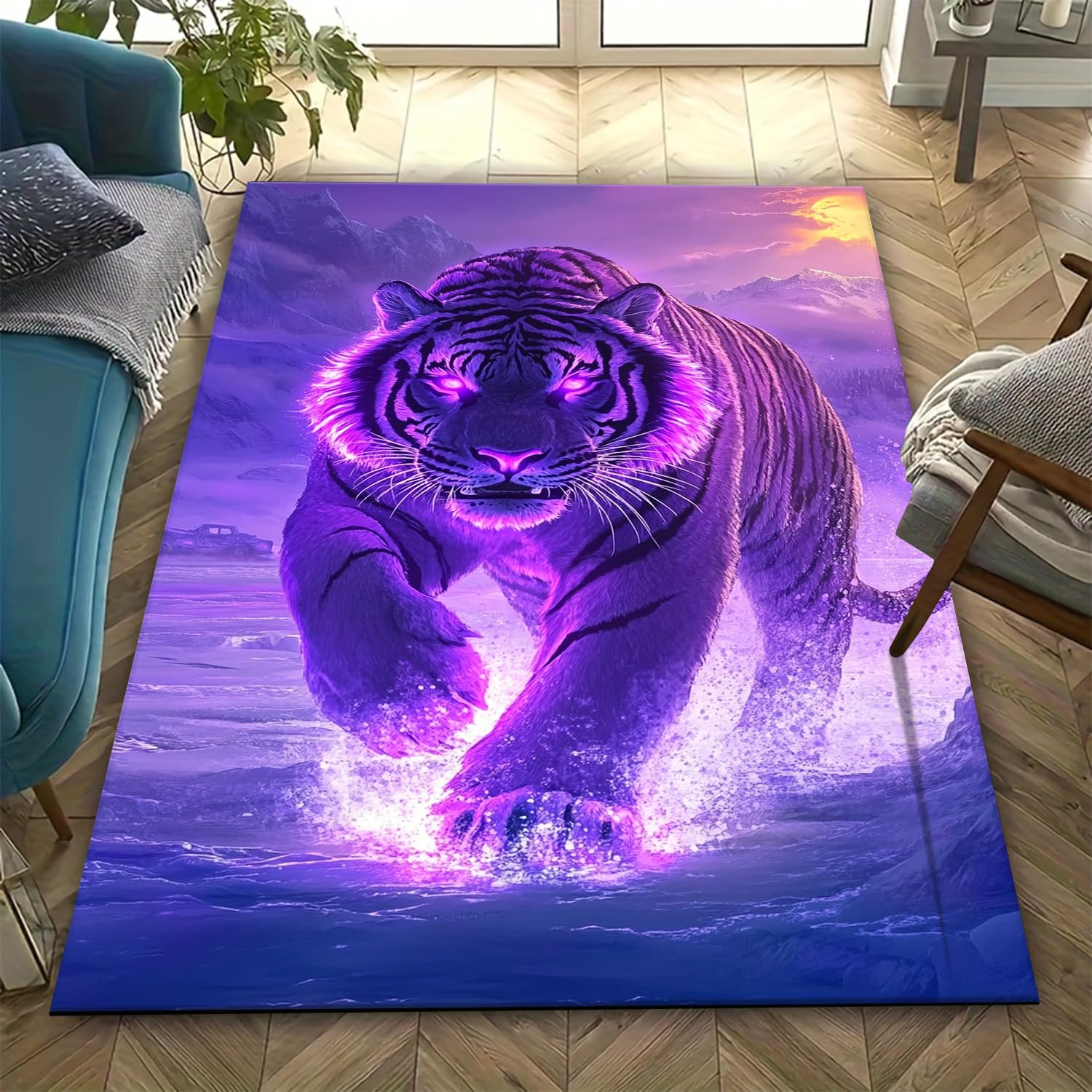 Tapis antidérapant tigre 3D grand format 200x300 facile à nettoyer