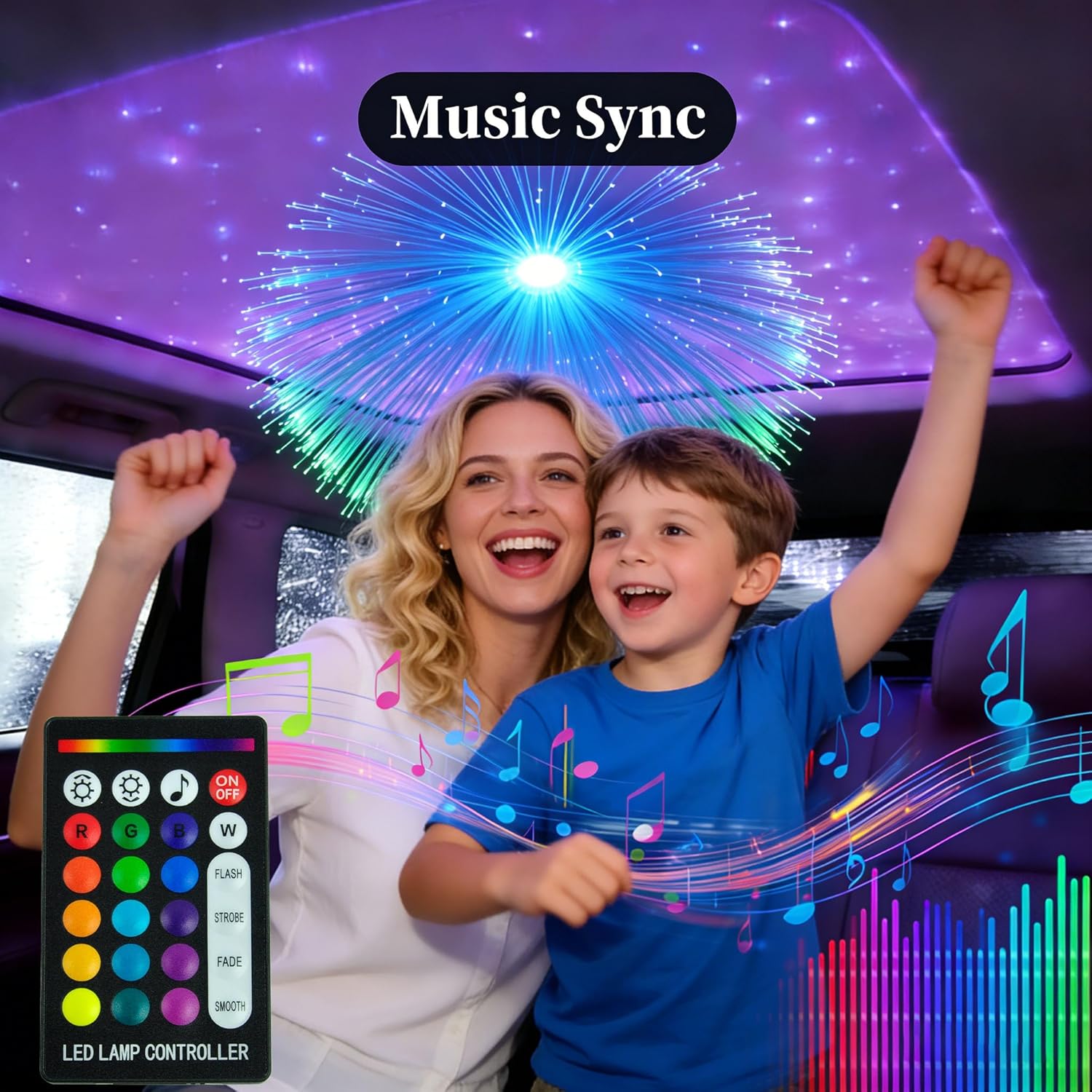 Starlight Headliner Kit 500Pcs 0.03in*6.5ft*2m 16W Music/Voice APP/Remote Control Activated Star Lights for Car RGBW Fiber Optic Star Light for Car Roof Theater Game Bed Room Ceiling